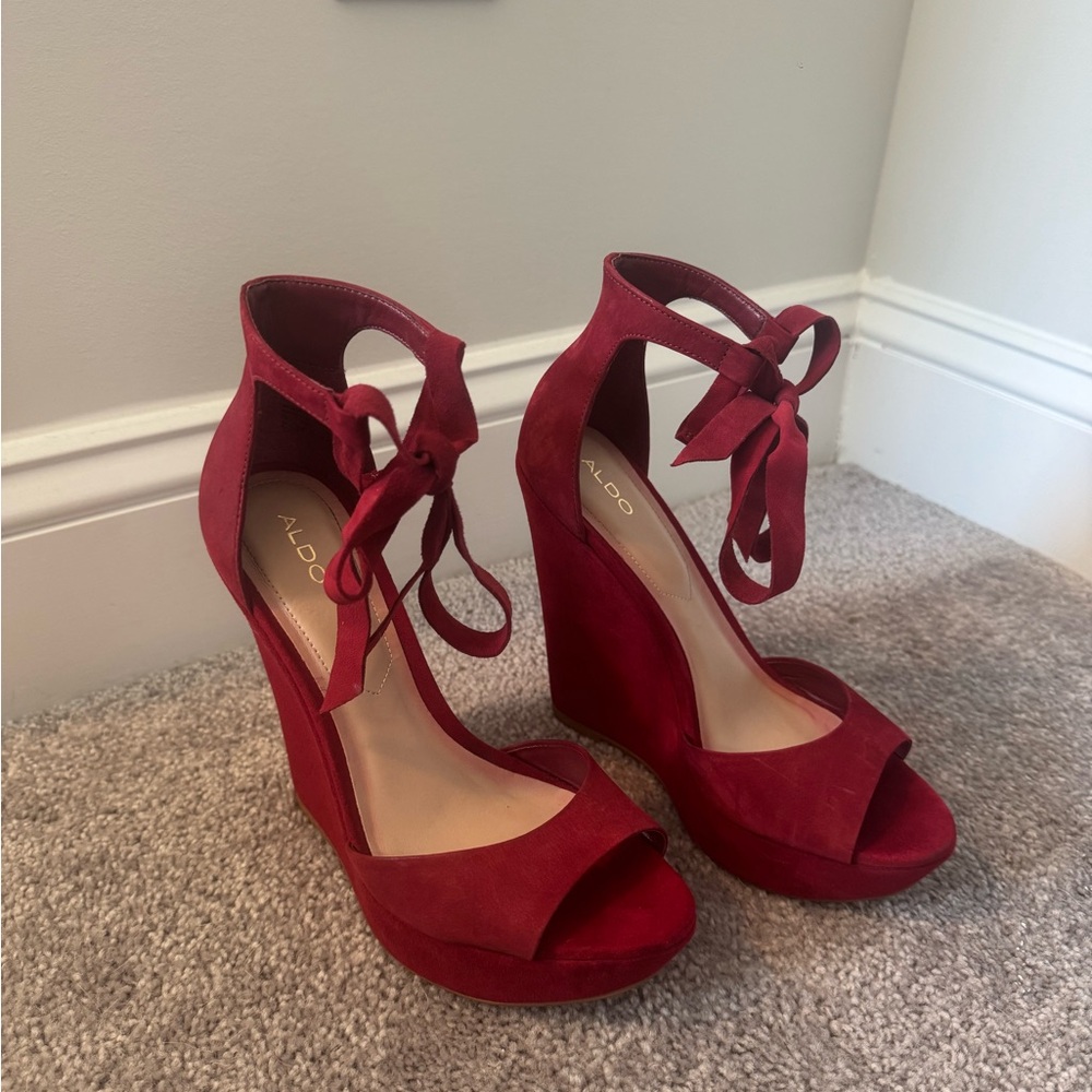 ALDO Red Suede Ankle Tie Peep-Toe Wedge Sandals